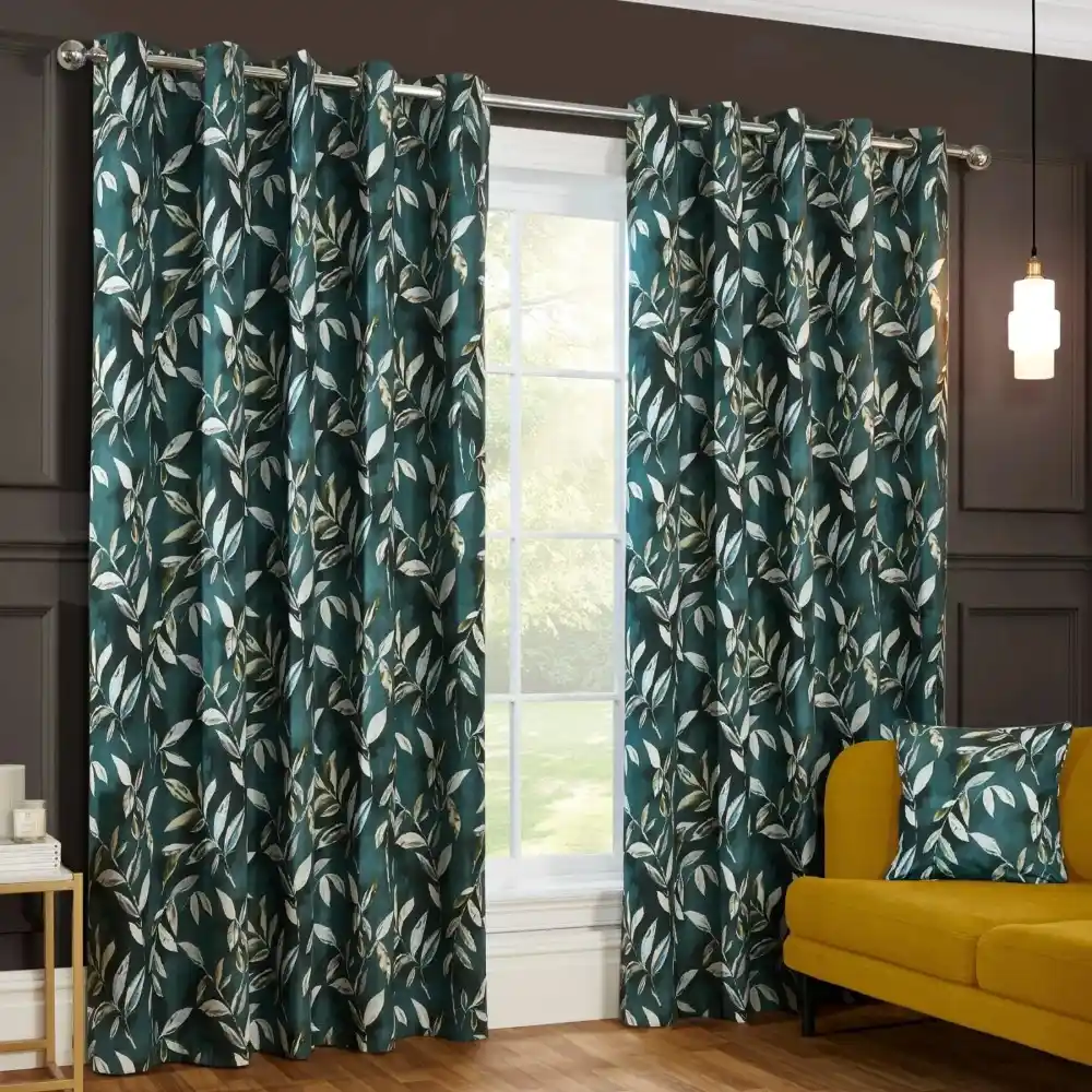 Teal Leaf Print Grommet Blackout Curtain